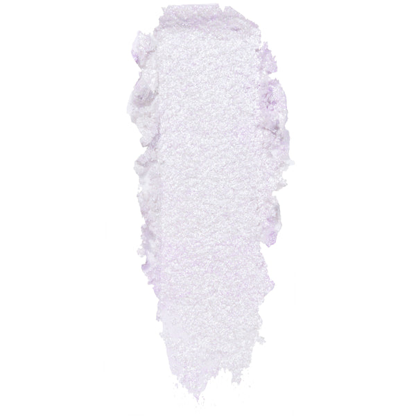 Ice Dream ColourPop Super Shock Shadow swatch, a shimmery icy lavender-lilac with iridescent pearl, shown as a thick smear to highlight creamy, sparkly texture on a white background.