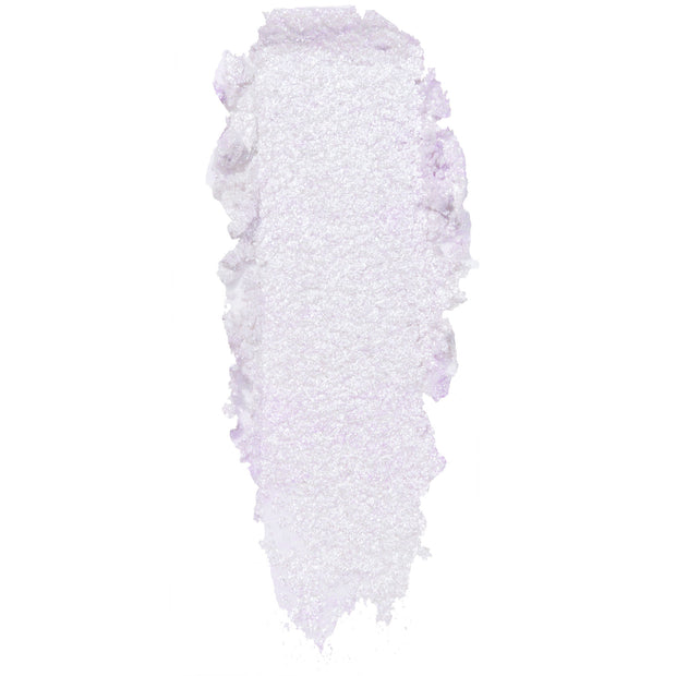 Ice Dream ColourPop Super Shock Shadow swatch, a shimmery icy lavender-lilac with iridescent pearl, shown as a thick smear to highlight creamy, sparkly texture on a white background.