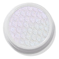 Ice Dream ColourPop Super Shock Shadow, a bouncy cream-to-powder eyeshadow, glistening with icy iridescent white-lavender shimmer, pressed in a honeycomb texture and housed in a round white pot on a clean studio background.