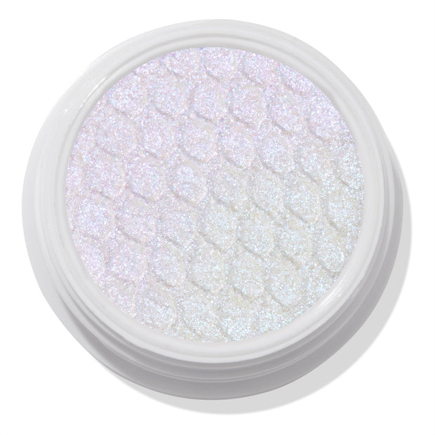 Ice Dream ColourPop Super Shock Shadow, a bouncy cream-to-powder eyeshadow, glistening with icy iridescent white-lavender shimmer, pressed in a honeycomb texture and housed in a round white pot on a clean studio background.