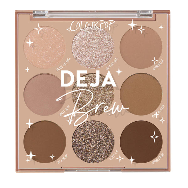 Deja Brew ColourPop Shadow Palette showcasing nine coffee-toned shades - matte and glitter finishes in champagne, taupe, caramel, bronze, and deep espresso - arranged in a square compact with a clear lid and brand logo.