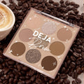 Deja Brew ColourPop Shadow Palette displaying nine coffee-inspired shades - matte and shimmer browns, taupes, and champagne - opened in a 3x3 layout on roasted coffee beans next to a latte, highlighting neutral eye looks.