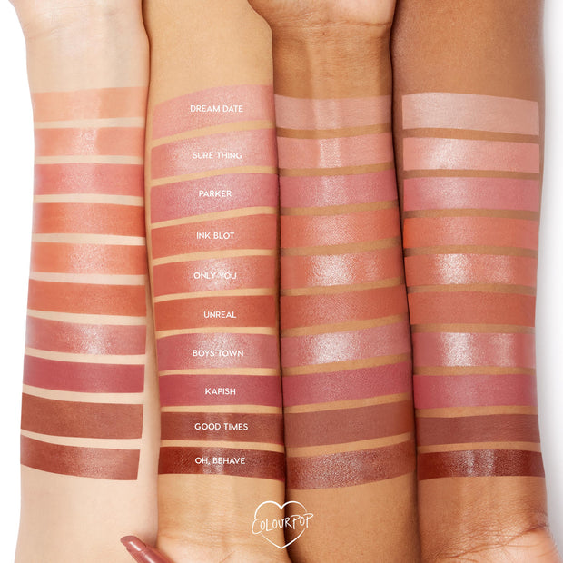Cookie Lippie Stix by Colourpop swatched with other nude shades on three arms of different skin tones, showing creamy pink-beige lipstick & lip stains finish and pigment payoff in a studio beauty shot.