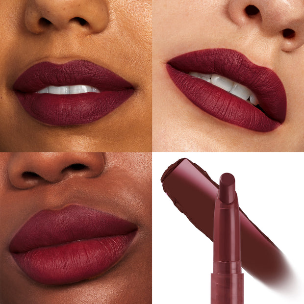Infinite Best ColourPop Lippie Stix coats lips in a rich wine-burgundy matte; swatched and worn on multiple skin tones, with a product bullet and smear shown to highlight smooth pigment, velvety finish, and full coverage.