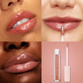 ColourPop Ultra Glossy Lip in It Girl slicked onto lips for a high-shine rosy nude shimmer, shown in a 4-panel grid across multiple skin tones with a doe-foot applicator in use and a product shot of the tube with star-print cap on a blush backdrop.