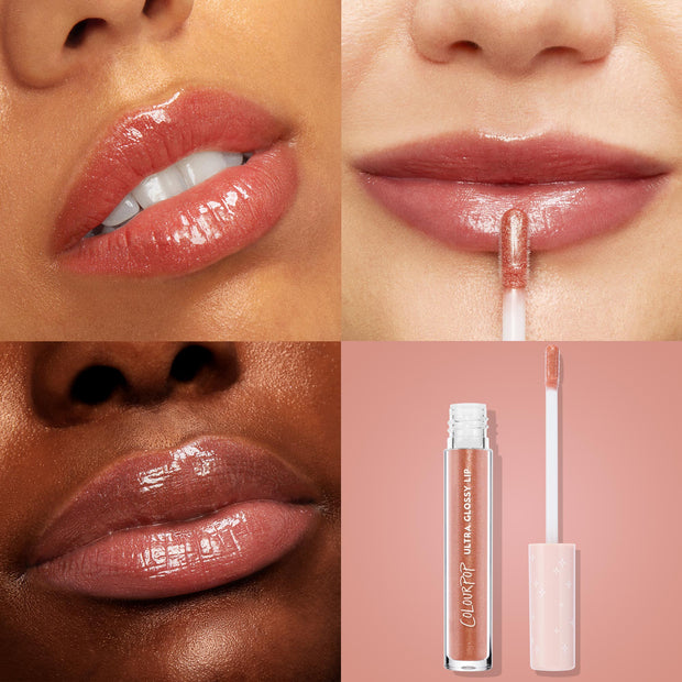 ColourPop Ultra Glossy Lip in It Girl slicked onto lips for a high-shine rosy nude shimmer, shown in a 4-panel grid across multiple skin tones with a doe-foot applicator in use and a product shot of the tube with star-print cap on a blush backdrop.