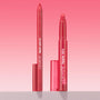 Bossy ColourPop Lippie Pencil defines lips in a bold red as a matching Lippie Stix lays down creamy color, both uncapped and standing upright with caps at the base on a pink gradient backdrop, showcasing the precise pencil tip and stix bullet.