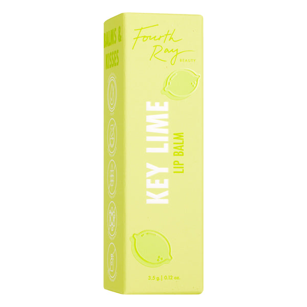 Key Lime lip balm box standing upright, featuring lime-green Fourth Ray Beauty packaging with lime illustrations and bold KEY LIME LIP BALM text, 3.5 g/0.12 oz, on a white studio background; a zesty ColourPop Lip Balm option.