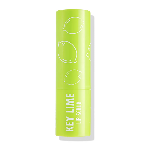 ColourPop Key Lime Lip Scrub tube standing upright with cap on, bright lime‑green packaging printed with white lime illustrations and bold “KEY LIME LIP SCRUB” text, isolated on a white background with a soft shadow.