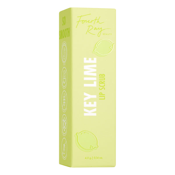 Key Lime Lip Scrub box stands upright, showing Fourth Ray Beauty branding, lime illustrations, and bold “KEY LIME” text on pastel lime‑green packaging, 4.0 g (0.14 oz), isolated on white; a ColourPop lip care product.