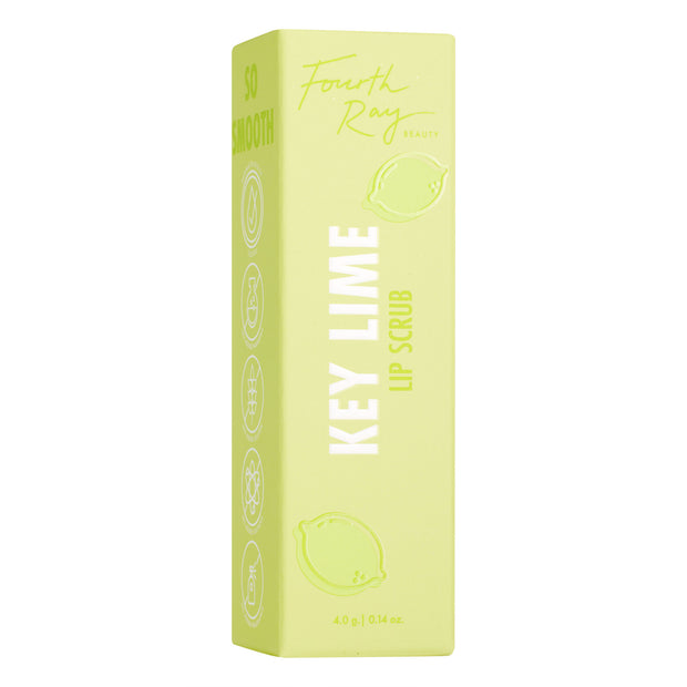 Key Lime Lip Scrub box stands upright, showing Fourth Ray Beauty branding, lime illustrations, and bold “KEY LIME” text on pastel lime‑green packaging, 4.0 g (0.14 oz), isolated on white; a ColourPop lip care product.