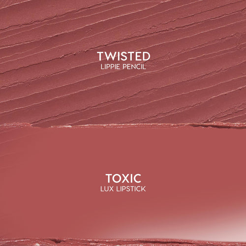 Anti-Hero kit swatch shows Twisted Lippie Pencil above Toxic ColourPop Lux Lipstick, both in rosy mauve; pencil features textured strokes while the lipstick is a smooth satin block - flat lay close-up previewing shade and finish.