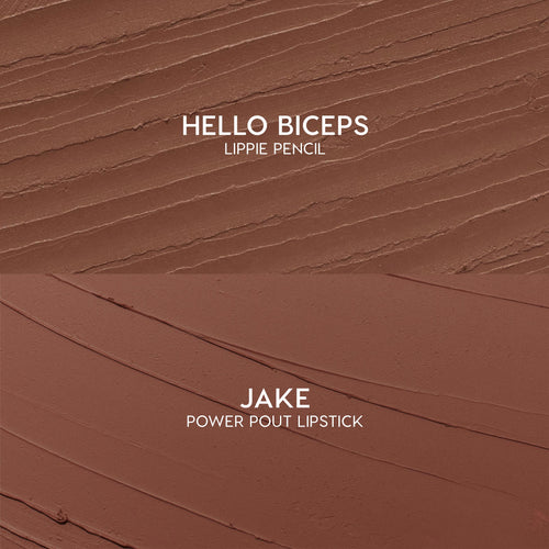 Swatches showcase Hello Biceps lippie pencil and Jake ColourPop Power Pout Lipstick from the Bella! Where the Hell Have You Been, Loca? kit, with textured mocha and smooth cinnamon-brown strokes on a matte surface highlighting creamy payoff.
