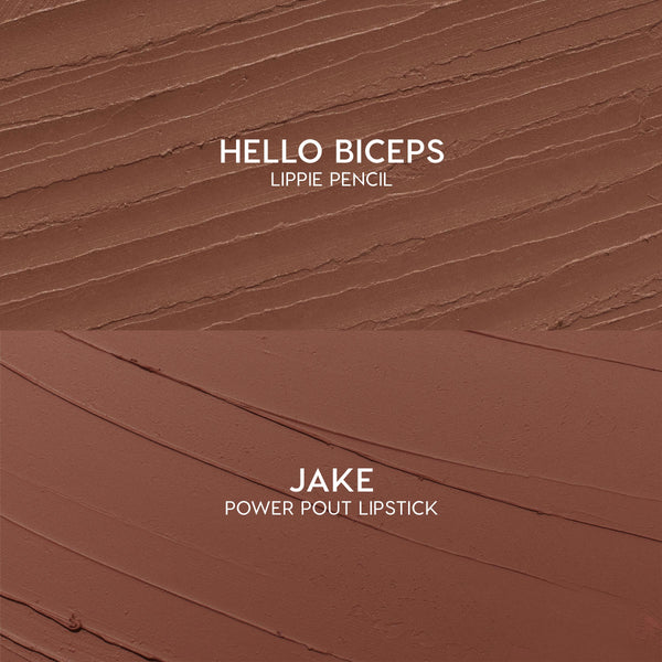Swatches showcase Hello Biceps lippie pencil and Jake ColourPop Power Pout Lipstick from the Bella! Where the Hell Have You Been, Loca? kit, with textured mocha and smooth cinnamon-brown strokes on a matte surface highlighting creamy payoff.