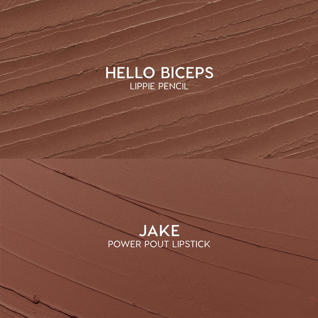 Swatches showcase Hello Biceps lippie pencil and Jake ColourPop Power Pout Lipstick from the Bella! Where the Hell Have You Been, Loca? kit, with textured mocha and smooth cinnamon-brown strokes on a matte surface highlighting creamy payoff.