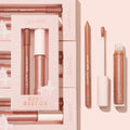 Best Besties ColourPop Ultra Lip Duo showing a warm nude lippie pencil and shimmery Ultra Glossy Lip with open doe‑foot applicator, arranged top‑down beside pink star‑pattern packaging on a blush background.