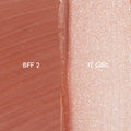 Best Besties ColourPop Ultra Lip Duo swatches show matte warm nude BFF 2 alongside sheer pink-champagne, gold-flecked gloss It Girl, painted in thick strokes on skin to showcase pigment, shimmer, and finish.
