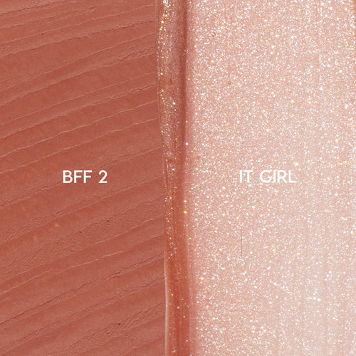 Best Besties ColourPop Ultra Lip Duo swatches show matte warm nude BFF 2 alongside sheer pink-champagne, gold-flecked gloss It Girl, painted in thick strokes on skin to showcase pigment, shimmer, and finish.