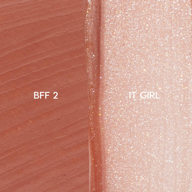 Best Besties ColourPop Ultra Lip Duo swatches show matte warm nude BFF 2 alongside sheer pink-champagne, gold-flecked gloss It Girl, painted in thick strokes on skin to showcase pigment, shimmer, and finish.