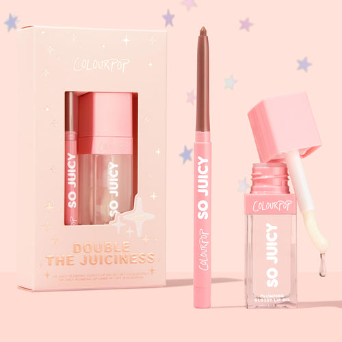 ColourPop So Juicy Plumping Glossy Lip Oil & Lip Liner Kit, Double The Juiciness, featuring a clear square lip oil bottle with pink cap and doe-foot applicator dripping gloss beside a mauve twist-up liner and starry blush box on a pastel pink backdrop.