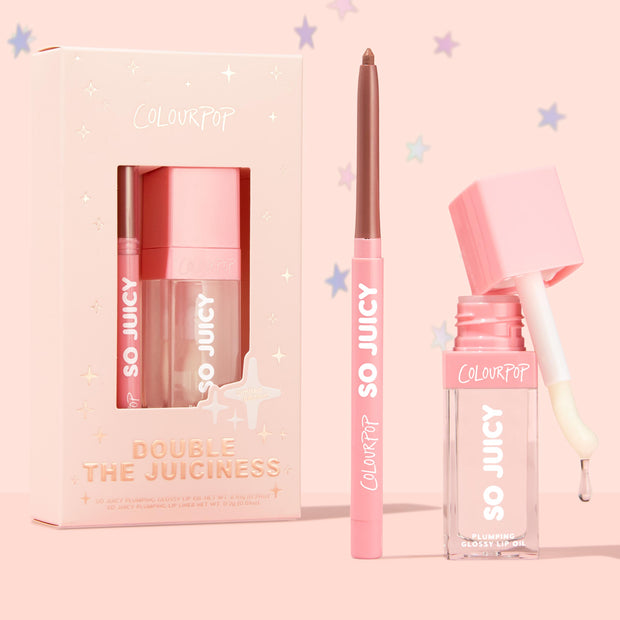 ColourPop So Juicy Plumping Glossy Lip Oil & Lip Liner Kit, Double The Juiciness, featuring a clear square lip oil bottle with pink cap and doe-foot applicator dripping gloss beside a mauve twist-up liner and starry blush box on a pastel pink backdrop.