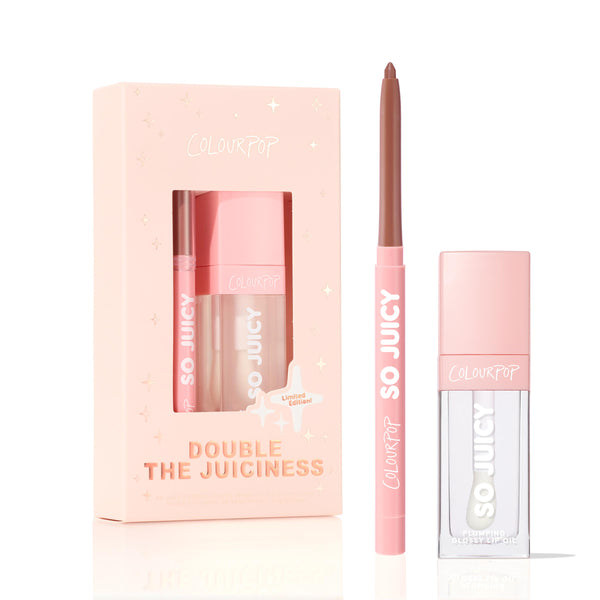 ColourPop So Juicy Plumping Glossy Lip Oil & Lip Liner Kit, Double The Juiciness, displayed upright - limited‑edition blush pink box with stars, a rosy‑brown retractable lip liner, and clear plumping glossy lip oil with pink cap on a white background.