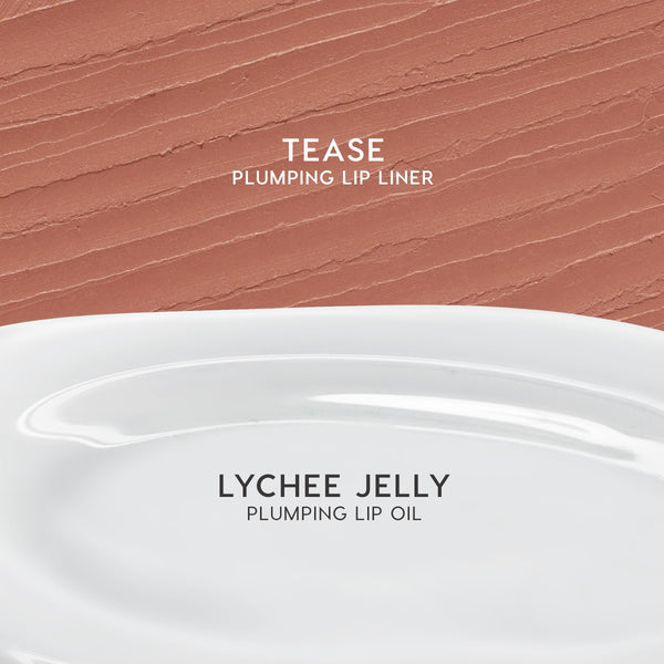 Swatches show Double The Juiciness - ColourPop So Juicy Plumping Glossy Lip Oil & Lip Liner Kit - featuring Tease, a warm nude plumping lip liner with creamy texture, and Lychee Jelly, a clear high-shine plumping lip oil on a clean background.