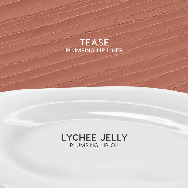 Swatches show Double The Juiciness - ColourPop So Juicy Plumping Glossy Lip Oil & Lip Liner Kit - featuring Tease, a warm nude plumping lip liner with creamy texture, and Lychee Jelly, a clear high-shine plumping lip oil on a clean background.