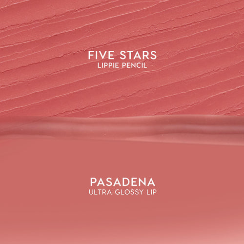 Dream Duo ColourPop Ultra Lip Duo swatches show Five Stars Lippie Pencil's matte rose-pink texture above Pasadena Ultra Glossy Lip's smooth shine, displayed as split swatches for shade reference on a clean background.