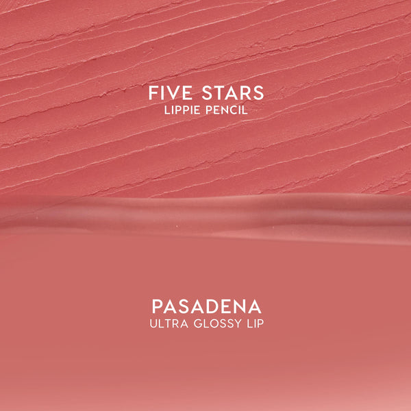 Dream Duo ColourPop Ultra Lip Duo swatches show Five Stars Lippie Pencil's matte rose-pink texture above Pasadena Ultra Glossy Lip's smooth shine, displayed as split swatches for shade reference on a clean background.