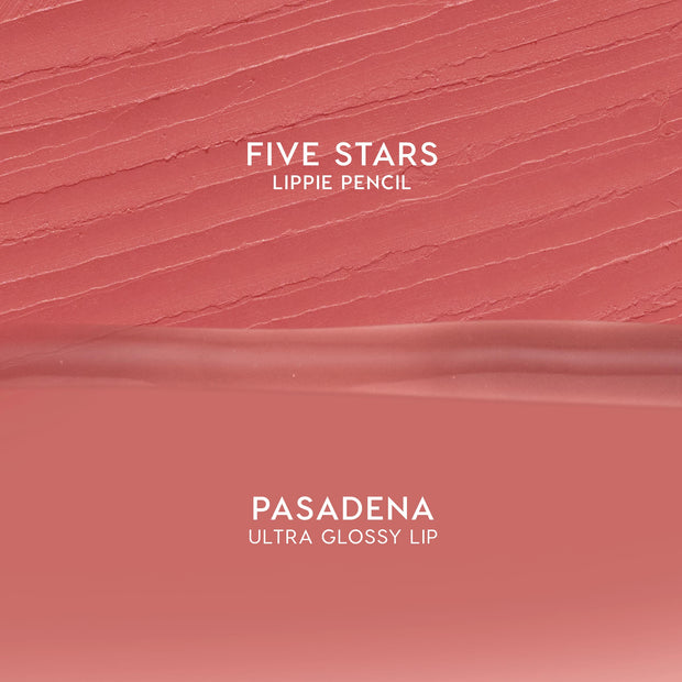 Dream Duo ColourPop Ultra Lip Duo swatches show Five Stars Lippie Pencil's matte rose-pink texture above Pasadena Ultra Glossy Lip's smooth shine, displayed as split swatches for shade reference on a clean background.
