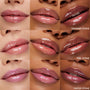 Close-up glossed lips display swatches of Thunder Stone, Fire Stone, and Water Stone across three skin tones in a 3x3 grid, highlighting the high-shine finish of Ready For Battle, a ColourPop Shadow Palette & Ultra Glossy Lip Set.