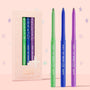 ColourPop Crème Gel Liner Good Shift trio standing uncapped, showcasing green, blue, and purple shimmer tips beside a blush-pink starry box labeled Good Shift Limited Edition; vibrant long-wear crème gel eyeliner set for bold eye looks.