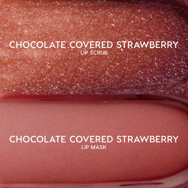 Chocolate Covered Strawberry lip scrub and lip mask swatches gleam in two horizontal bands, showcasing the Kiss of Darkness ColourPop Lip Care Kit with a sparkly rosy-brown sugar scrub and a smooth creamy pink mask in a studio close-up.