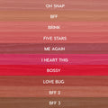 ColourPop Lippie Pencil swatches from The Lil Box of Lippie Pencils displayed in horizontal stripes - nudes to pinks and reds - labeled: Oh Snap, BFF, Brink, Five Stars, Me Again, I Heart This, Bossy, Love Bug, BFF 2, BFF 3.
