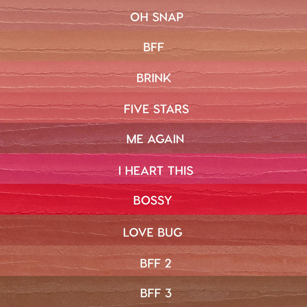 ColourPop Lippie Pencil swatches from The Lil Box of Lippie Pencils displayed in horizontal stripes - nudes to pinks and reds - labeled: Oh Snap, BFF, Brink, Five Stars, Me Again, I Heart This, Bossy, Love Bug, BFF 2, BFF 3.