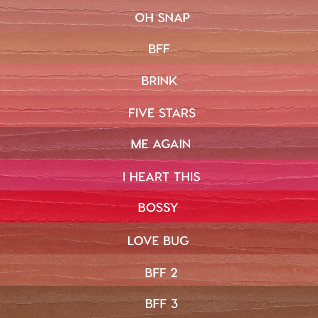 ColourPop Lippie Pencil swatches from The Lil Box of Lippie Pencils displayed in horizontal stripes - nudes to pinks and reds - labeled: Oh Snap, BFF, Brink, Five Stars, Me Again, I Heart This, Bossy, Love Bug, BFF 2, BFF 3.
