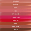 ColourPop Lippie Stix swatches from The Lil Box of Lippie Stix, shown as stacked strips labeled Oh Snap, Parker, Brink, NBD, It’s Giving, I Heart This, Trust Me, Ziggie, Brat Pack, Pitch, spanning nude pinks to hot pink, red, and deep brown.