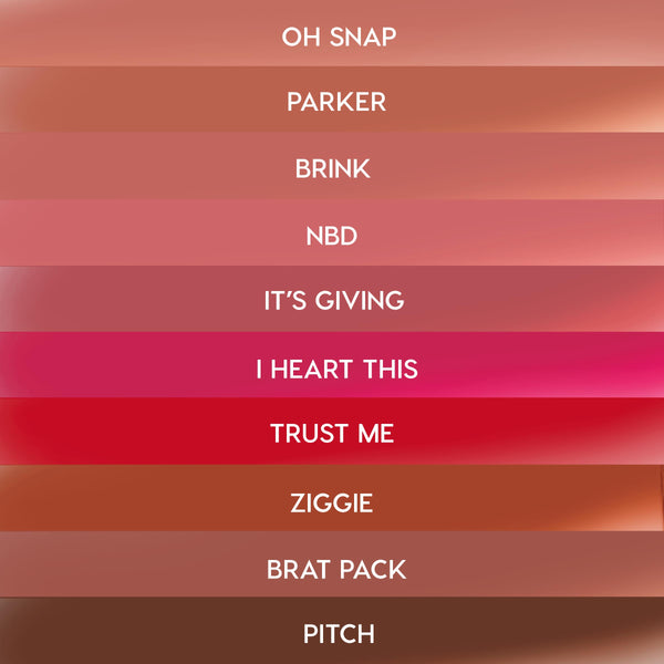 ColourPop Lippie Stix swatches from The Lil Box of Lippie Stix, shown as stacked strips labeled Oh Snap, Parker, Brink, NBD, It’s Giving, I Heart This, Trust Me, Ziggie, Brat Pack, Pitch, spanning nude pinks to hot pink, red, and deep brown.