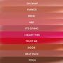 ColourPop Lippie Stix swatches from The Lil Box of Lippie Stix, shown as stacked strips labeled Oh Snap, Parker, Brink, NBD, It’s Giving, I Heart This, Trust Me, Ziggie, Brat Pack, Pitch, spanning nude pinks to hot pink, red, and deep brown.