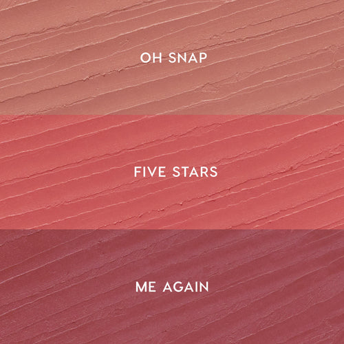 ColourPop Lippie Pencil Pinky Promise kit swatches display three shades in horizontal stripes: Oh Snap (soft nude pink) on top, Five Stars (warm rosy pink) in the middle, and Me Again (mauve berry) on bottom, shown on a textured smear.