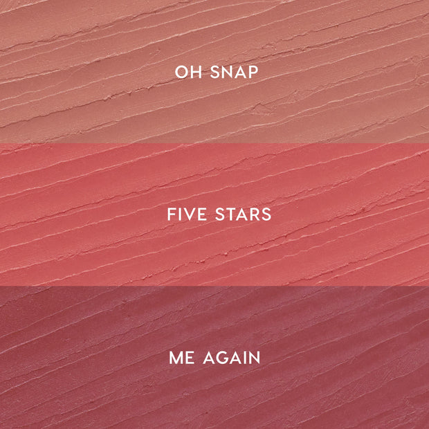 ColourPop Lippie Pencil Pinky Promise kit swatches display three shades in horizontal stripes: Oh Snap (soft nude pink) on top, Five Stars (warm rosy pink) in the middle, and Me Again (mauve berry) on bottom, shown on a textured smear.