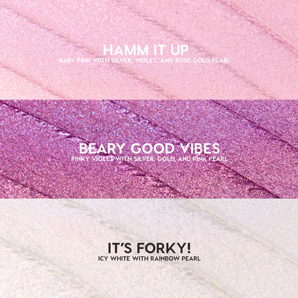 ColourPop Play All Day Jelly Much Shadow swatches: three shimmering stripes - Hamm It Up (baby pink with silver, violet, rose‑gold pearl), Beary Good Vibes (pinky violet with silver, gold, pink pearl), and It’s Forky! (icy white with rainbow pearl).