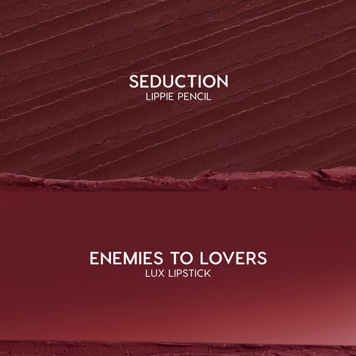 Swatch duo showcases Slow Burn: ColourPop Lux Lipstick shade Enemies to Lovers, a smooth deep burgundy smear on the bottom, paired with Seduction Lippie Pencil’s textured wine‑red stroke above, on a clean studio background.