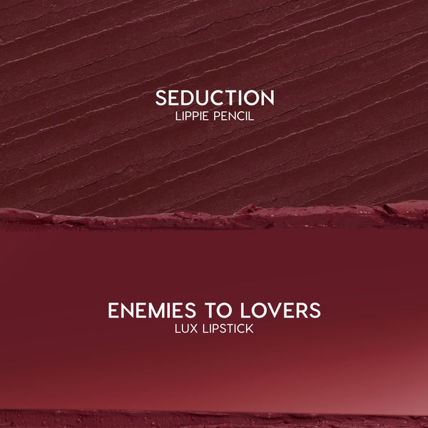 Swatch duo showcases Slow Burn: ColourPop Lux Lipstick shade Enemies to Lovers, a smooth deep burgundy smear on the bottom, paired with Seduction Lippie Pencil’s textured wine‑red stroke above, on a clean studio background.