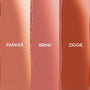 Swatch trio displays XOXO Bestie ColourPop Lippie Stix set with vertical stripes: Parker (peachy nude), Brink (rosy mauve), and Ziggie (warm terracotta) shown side by side on a clean studio backdrop.