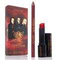 ColourPop Power Pout Lipstick You Can’t Trust Vampires stands uncapped, revealing a deep crimson bullet in a black tube with orange New Moon branding, alongside a matching burgundy lip pencil and themed box with gothic characters on a white background.