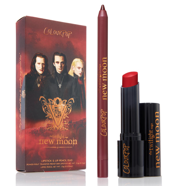ColourPop Power Pout Lipstick You Can’t Trust Vampires stands uncapped, revealing a deep crimson bullet in a black tube with orange New Moon branding, alongside a matching burgundy lip pencil and themed box with gothic characters on a white background.