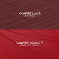 ColourPop Power Pout Lipstick swatch in Vampire Royalty sweeps in velvety red strokes, shown with the matching Vampire Laws Lippie Pencil swatch above as the You Can't Trust Vampires kit, highlighting bold, creamy color payoff.
