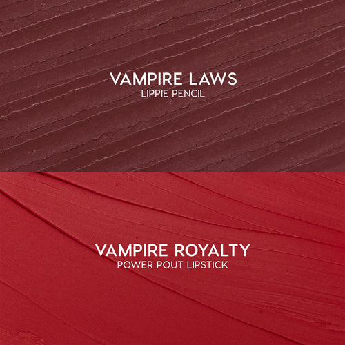 ColourPop Power Pout Lipstick swatch in Vampire Royalty sweeps in velvety red strokes, shown with the matching Vampire Laws Lippie Pencil swatch above as the You Can't Trust Vampires kit, highlighting bold, creamy color payoff.
